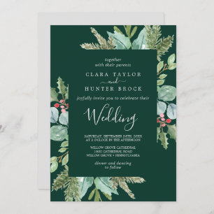Invitation Christmas Greenery & Red Berry   Mariage vert