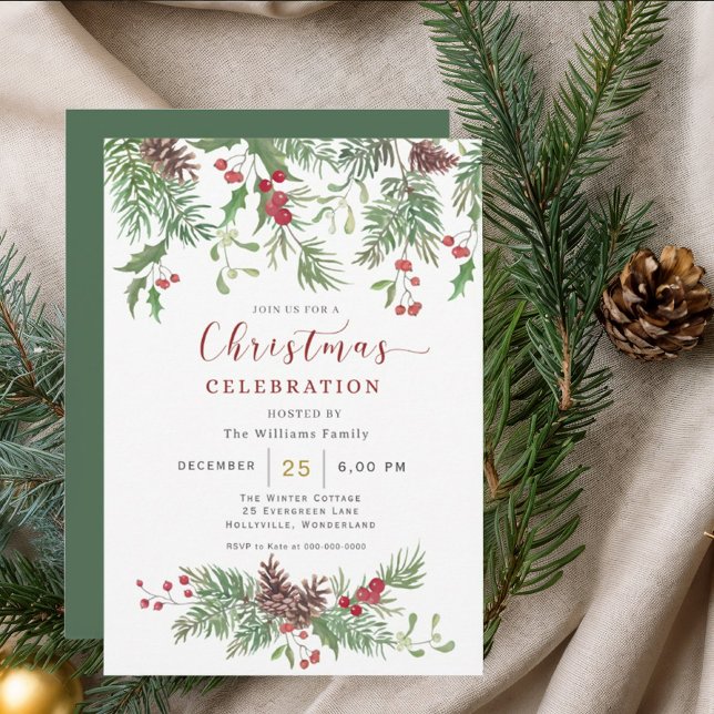 Invitation Christmas Greenery Watercolor Celebration Invitati (Créateur téléchargé)