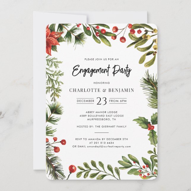 Invitation Christmas Holiday Red Berries Engagement Party (Devant)
