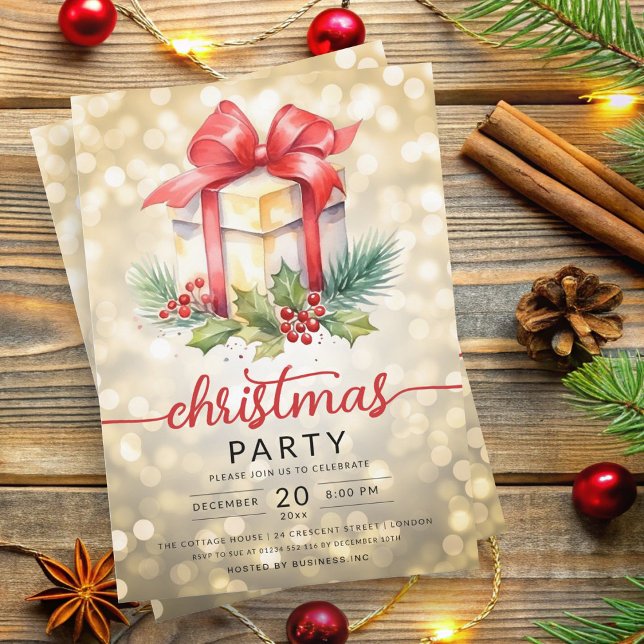 Invitation Christmas Holiday Watercolor Company Bokeh Gold (Christmas Holiday Watercolor Company Bokeh Gold Invitation)