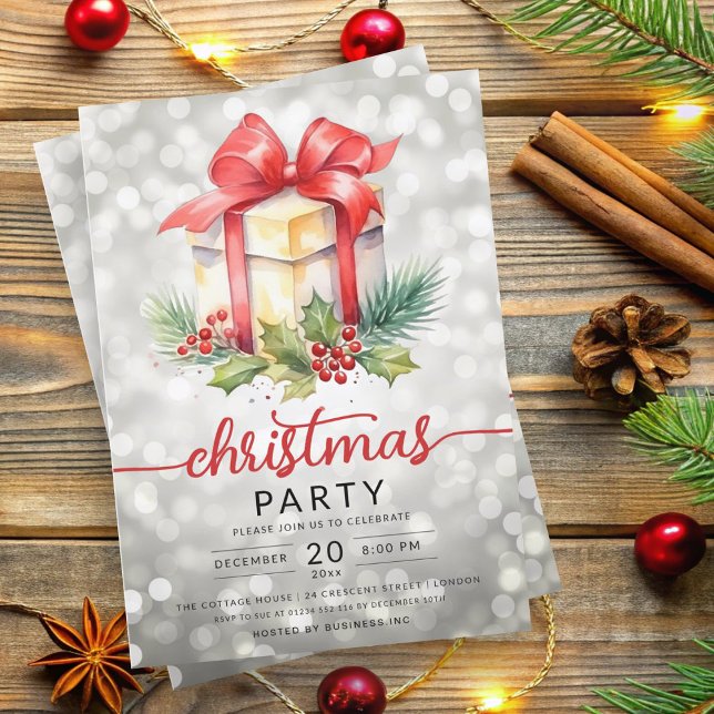 Invitation Christmas Holiday Watercolor Company Bokeh Silver (Christmas Holiday Watercolor Company Bokeh Silver Invitation)