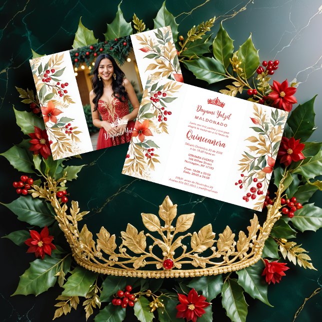 Invitation Christmas Holly Sweet Floral Spanish Photo Mis XV (Christmas Inspirations Holly Sweet Floral Spanish Photo Mis XV Invitations Cards. )