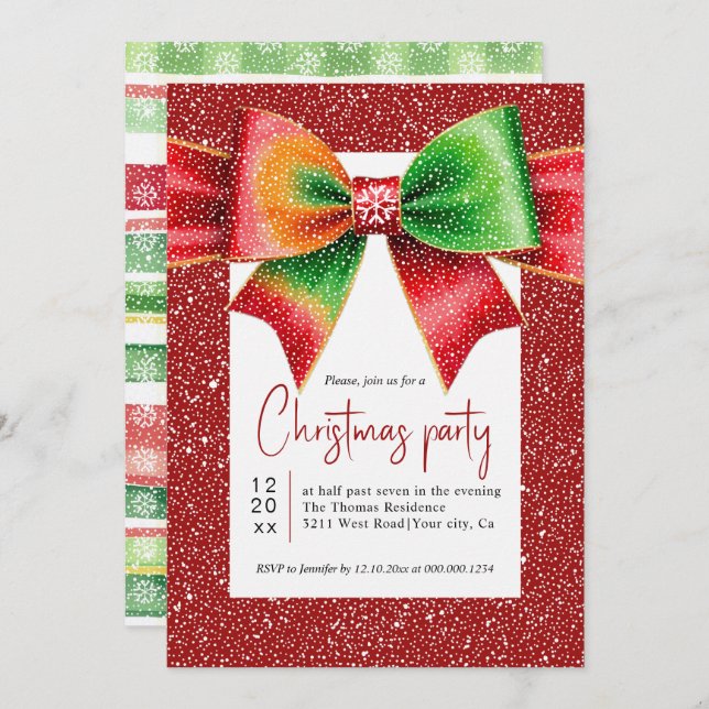 Invitation Christmas large red and green bow holiday party (Devant / Derrière)