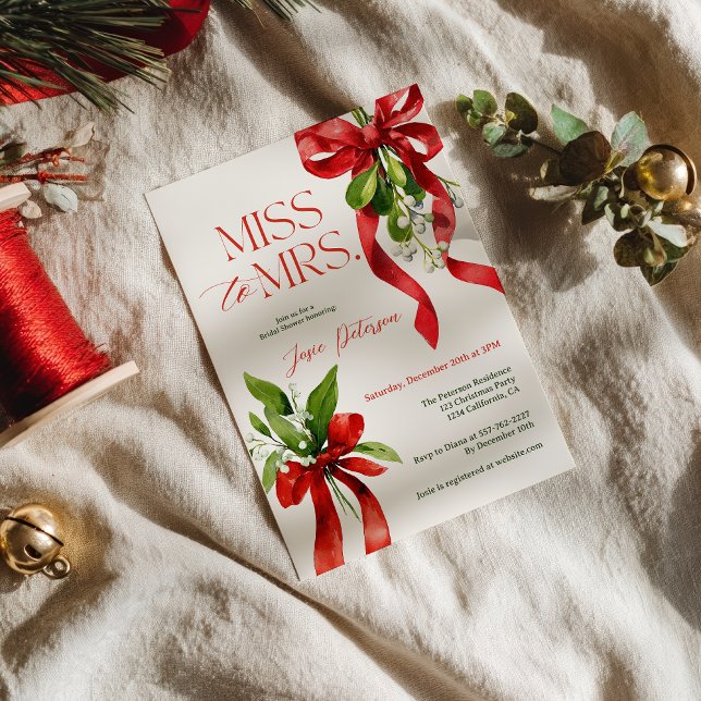 Invitation Christmas Mistletoe Red Bow Miss to Mrs Bridal (Christmas Mistletoe Red Bow Miss to Mrs Bridal Invitation)