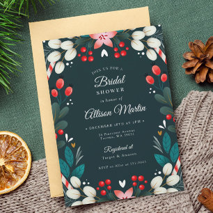 Invitation Christmas Modern Floral Teal Red Bridal Shower