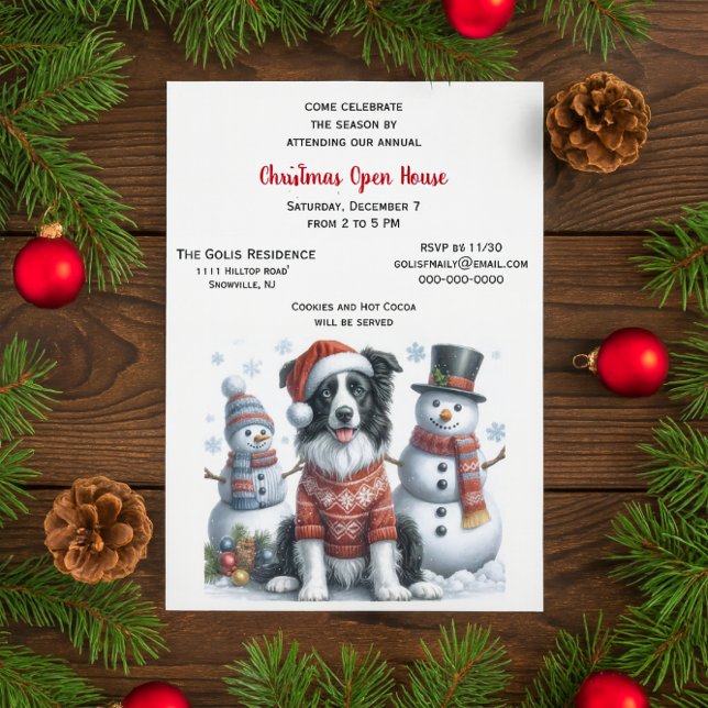 Invitation Christmas Open House with Border Collie & Snowman  (	Border Collie Christmas open house invitation with snowman friends)