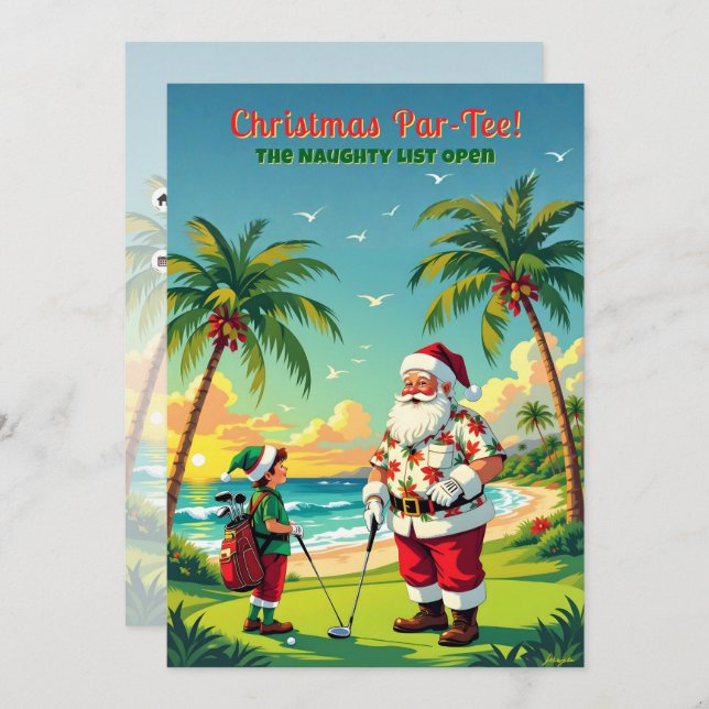 Invitation Christmas Par-Tee Funny Tropical Golf Santa Party (Devant / Derrière)