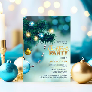 Invitation CHRISTMAS PARTY Blue Gold Tree Baubles Parties sci