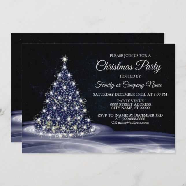 Invitation Christmas Party Blue Shiny Tree Winter Navy (Devant / Derrière)