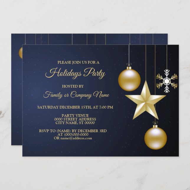 Invitation Christmas Party Golden Ornaments Navy Blue Elegant (Devant / Derrière)