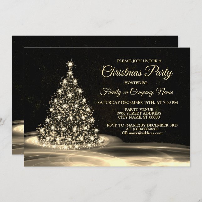 Invitation Christmas Party Golden Shiny Tree Winter Black (Devant / Derrière)