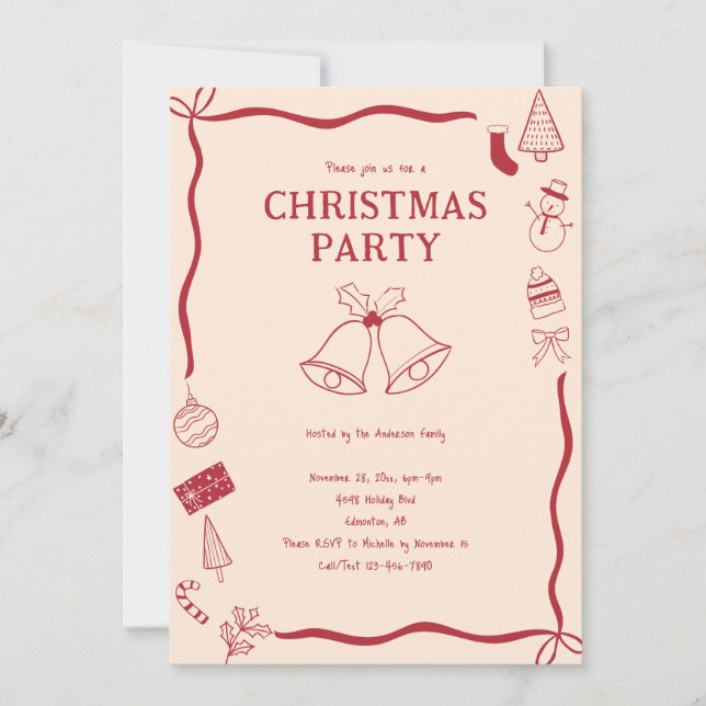 Invitation Christmas Party Hand Drawn Holiday Red Coquette (Devant)