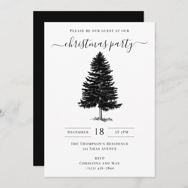 Invitation Christmas Party Holiday Vintage Black White (Devant / Derrière)