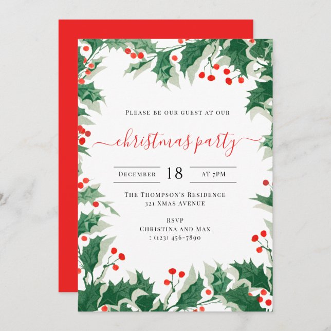 Invitation Christmas Party Holiday Watercolor Holly Berries (Devant / Derrière)