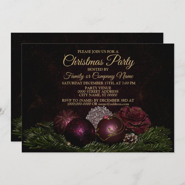 Invitation Christmas Party Pink Ornaments Green Leaves Black (Devant / Derrière)