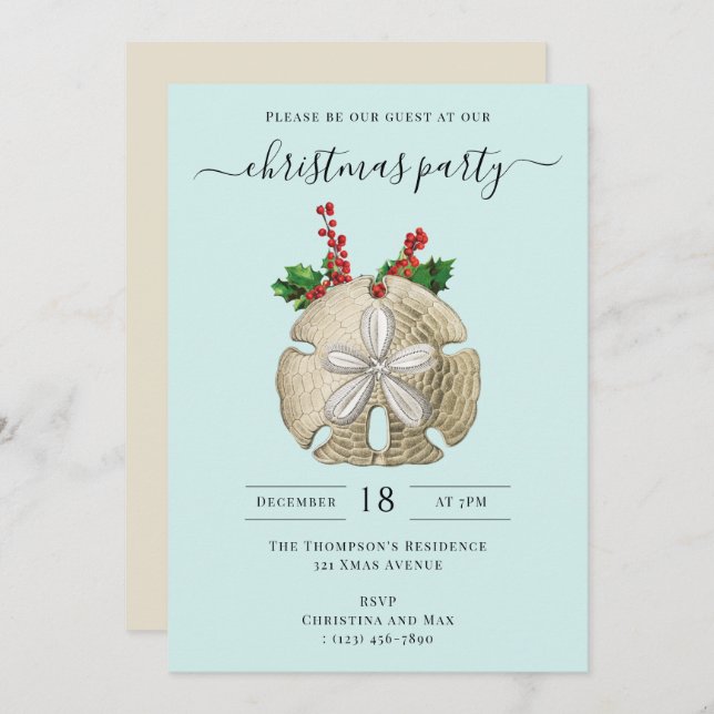 Invitation Christmas Party Sand Dollar Holly Berries Coastal  (Devant / Derrière)