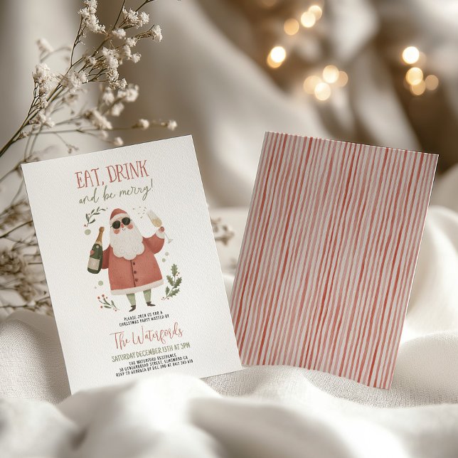Invitation Christmas Party Santa Eat Drink Be Merry  (Eat Drink and Be Merry! Christmas Invitation with Santa in sunglasses and champagne)