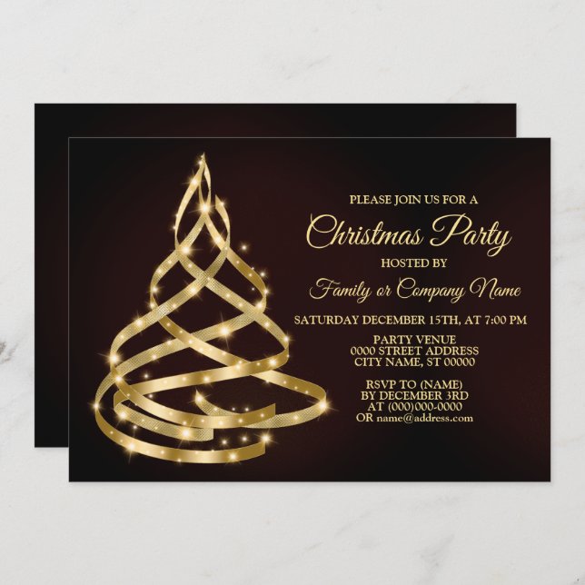 Invitation Christmas Party Shiny Golden Ribbon Tree Sparkle (Devant / Derrière)