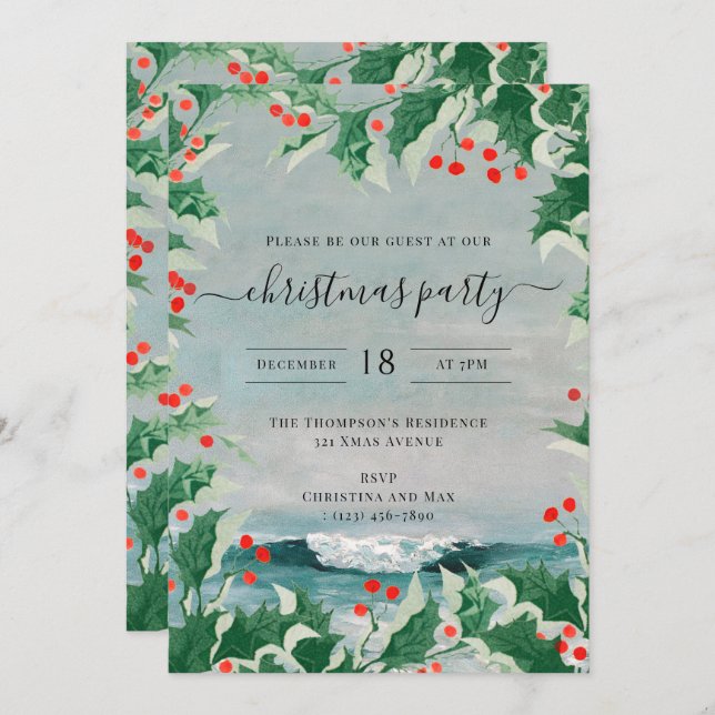 Invitation Christmas Party Watercolor Beach Coastal Holly (Devant / Derrière)