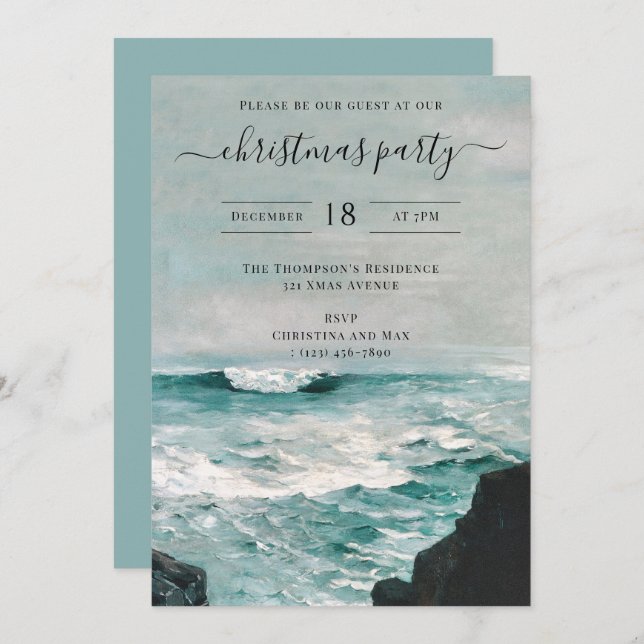Invitation Christmas Party Watercolor Beach Coastal Summer (Devant / Derrière)