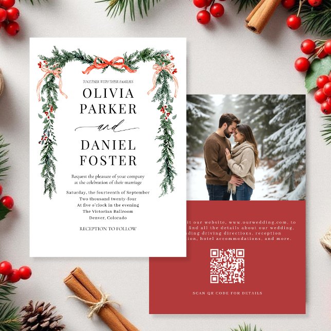 Invitation Christmas Photo QR Code Watercolor Red Bow Wedding (Créateur téléchargé)