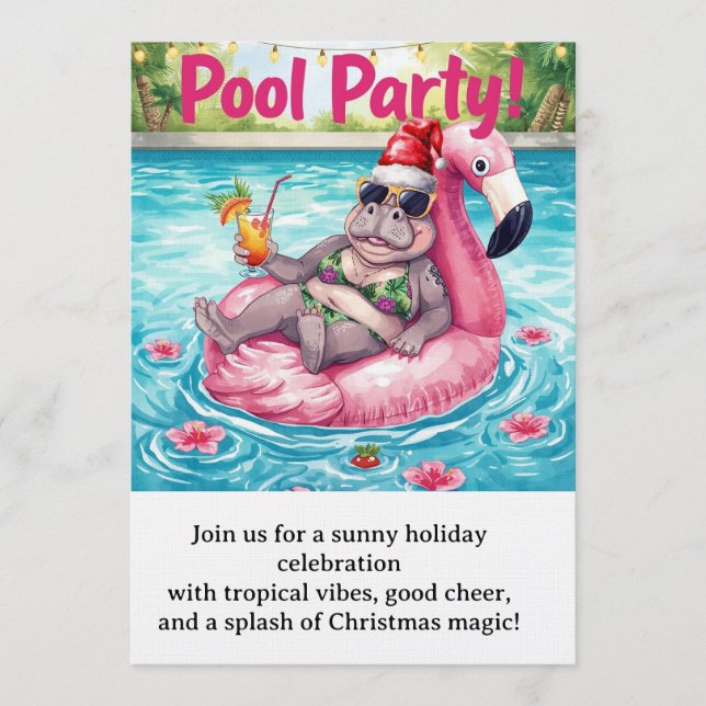 Invitation Christmas Pool Party  Cute Hippo on Flamingo Float (Devant)