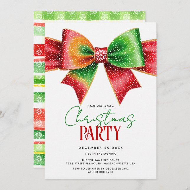 Invitation Christmas red and green bow and stripes party (Devant / Derrière)