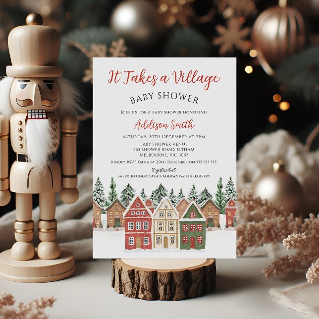 Invitation Christmas Red Green Takes A Village Baby Shower  (A Village BABY SHOWER  Invitation, Christmas Merry Little Baby Shower Invitation, Christmas Theme )
