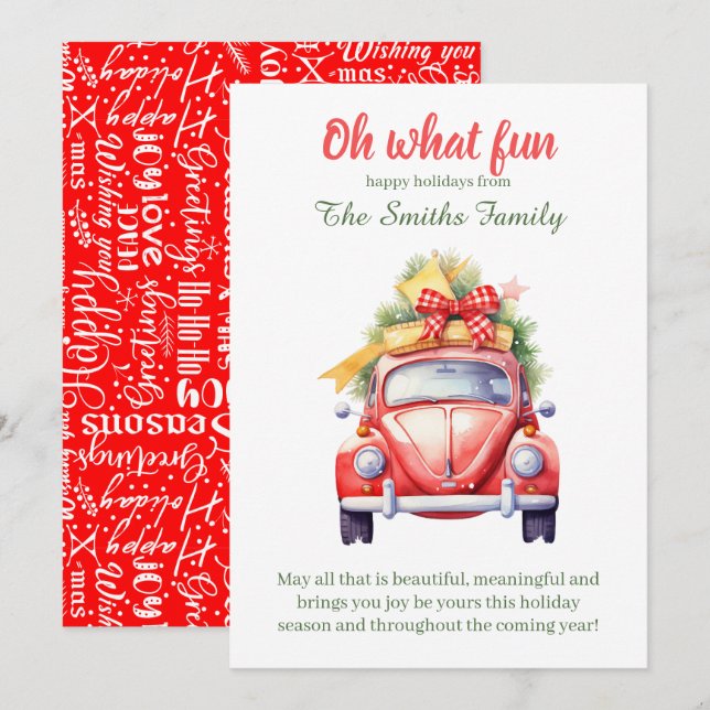 Invitation Christmas retro car postcard (Devant / Derrière)