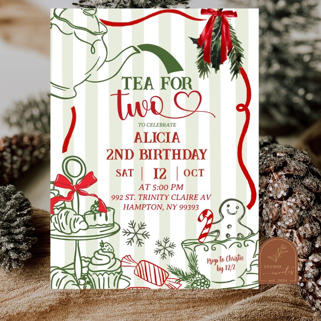 Invitation Christmas Tea 2nd Birthday Scribble Hand Drawn  (Créateur téléchargé)