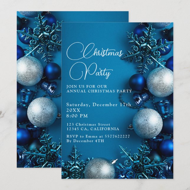 Invitation Christmas Tree Ornament Party Blue  (Devant / Derrière)