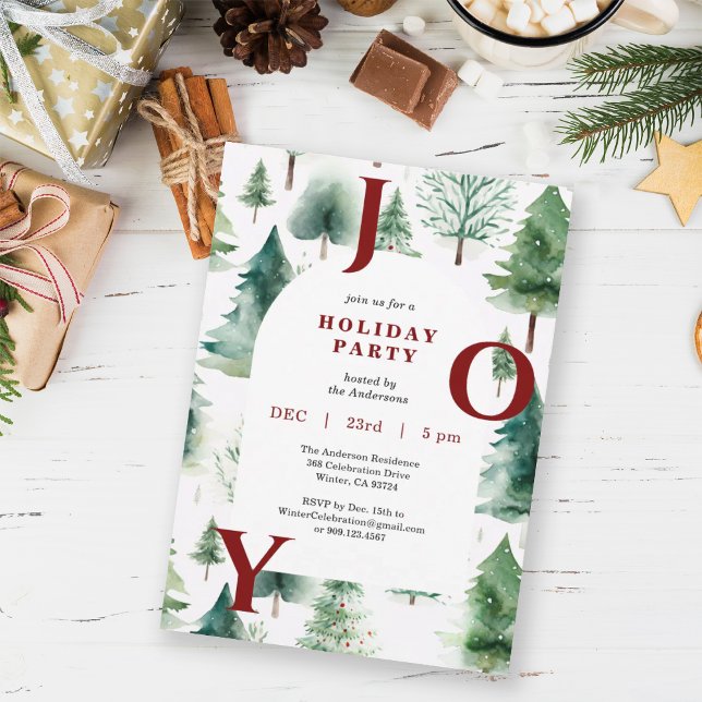 Invitation Christmas Trees Greenery Red Joy Holiday Party (Créateur téléchargé)