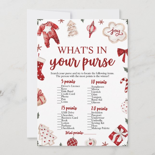 Invitation Christmas What's In Your Purse Baby shower Jeu (Devant)