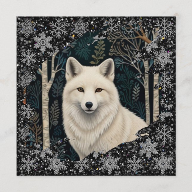 Invitation Christmas white fox white wolf sparkling snowflake (Devant)
