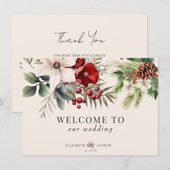 Invitation Christmas Winter Floral  Wedding Welcome Cards (Devant / Derrière)