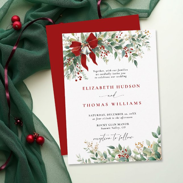 Invitation Christmas Winter Greenery Bow Bells Rustic Wedding (christmas wedding invitation card template design winter greenery bells watercolor botanical rustic )