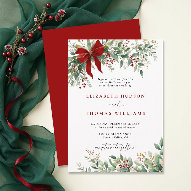 Invitation Christmas Winter Greenery Bow Red Rustic Wedding (christmas wedding invitation card template design winter greenery watercolor botanical rustic chic)