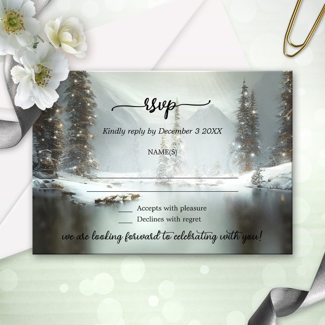 Invitation Christmas Winter Wedding RSVP Card (A winter wedding RSVP card featuring a snow covered landscape scene with festive lights.)