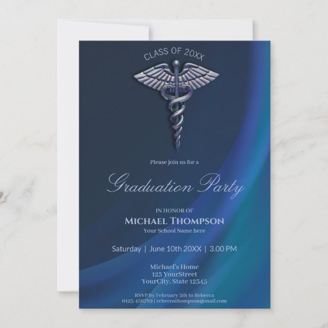 Invitation Chrome Holographique Médicale Caduceus Graduation (Devant)