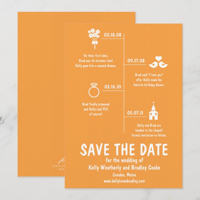 Invitation Chronologie de la relation orange Mariage Enregist (Devant / Derrière)