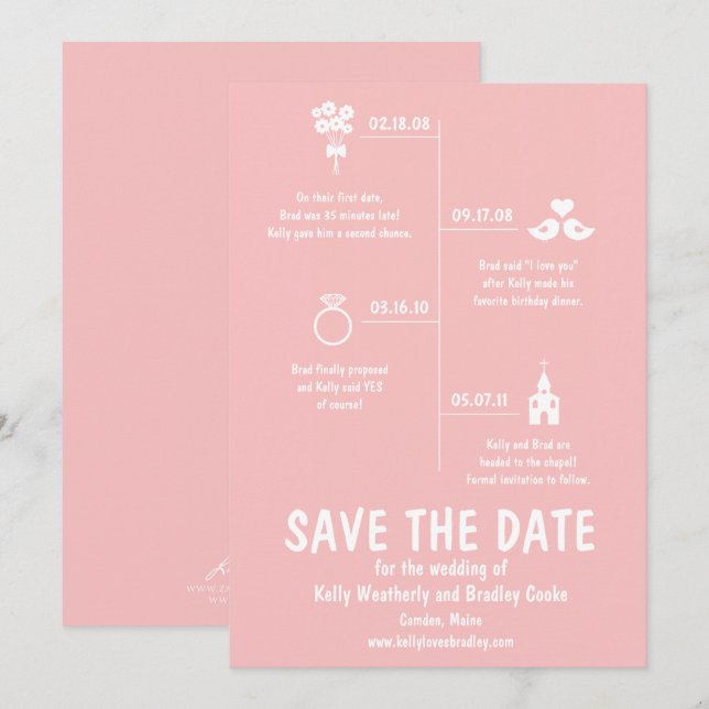 Invitation Chronologie de la relation rose mariage Save the D (Devant / Derrière)