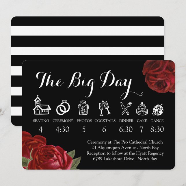 Invitation Chronologie du Mariage des roses blanches et rouge (Devant / Derrière)