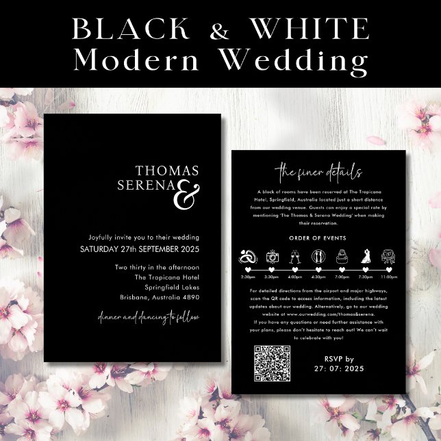 Invitation Chronologie du Mariage noir et blanc du code QR (Créateur téléchargé)