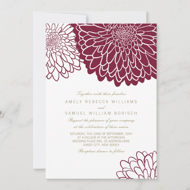 Invitation Chrysanthème de Bourgogne Texte Doré Mariage Simpl (Devant)