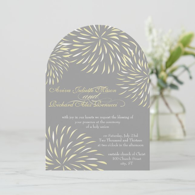 Invitation Chrysanthème floral moderne gris et jaune (Debout devant)