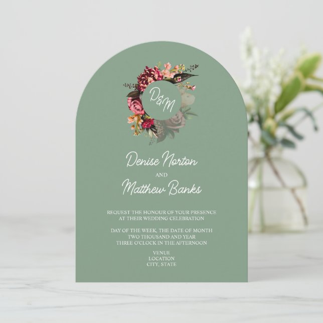 Invitation Chrysanthème Monogramme sur Basil Green (Debout devant)