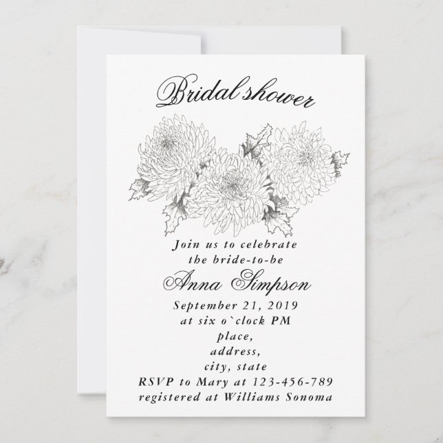 Invitation Chrysanthème noir et blanc nuptiale douche invita (Devant)