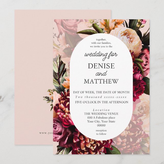 Invitation Chrysanthème romantique sur Blush Rose Mariage (Devant / Derrière)