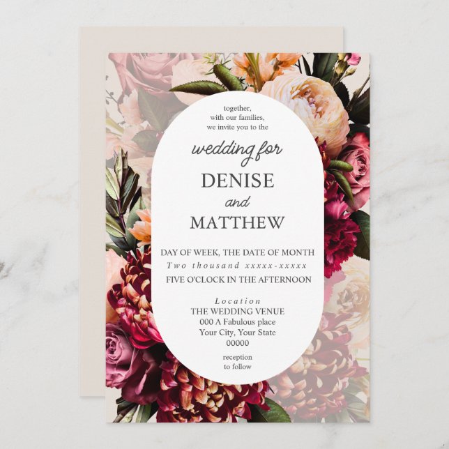 Invitation Chrysanthème romantique sur Cameo Mariage beige (Devant / Derrière)