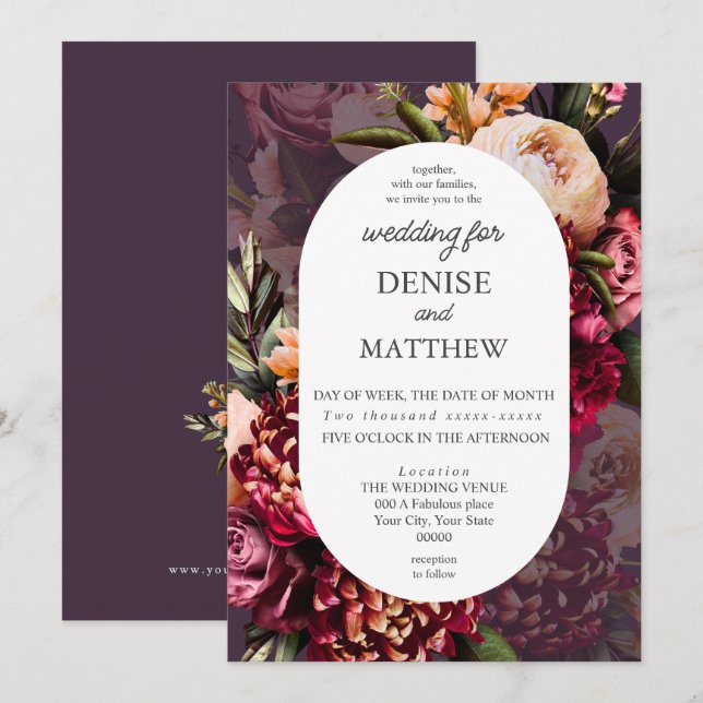 Invitation Chrysanthème romantique sur le Mariage de prune de (Devant / Derrière)
